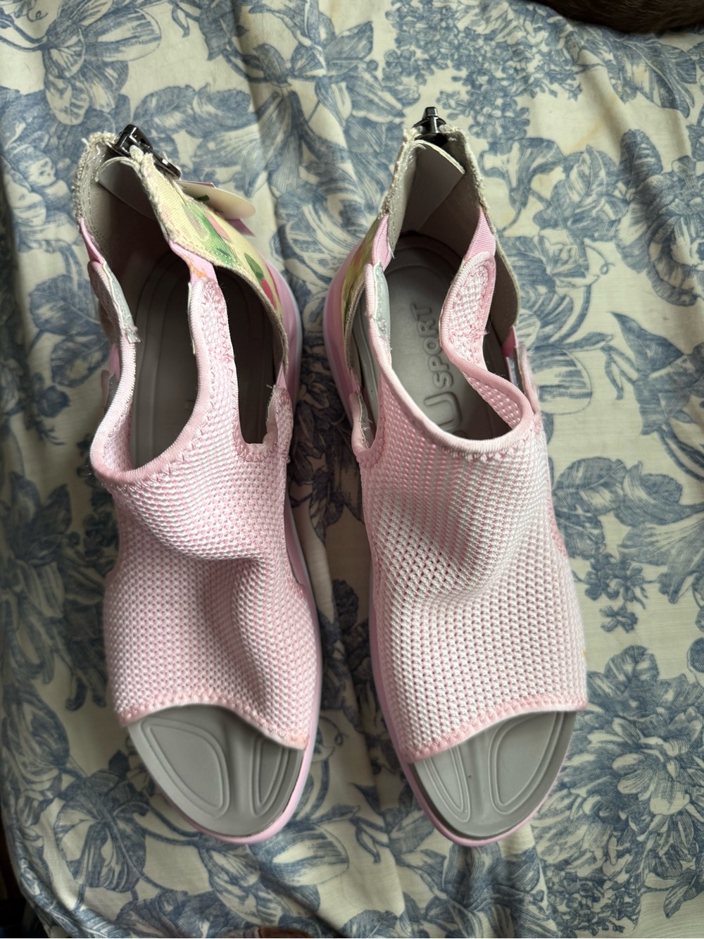 JBU Pink Knit Slip-On Sandals with Gray Footbed